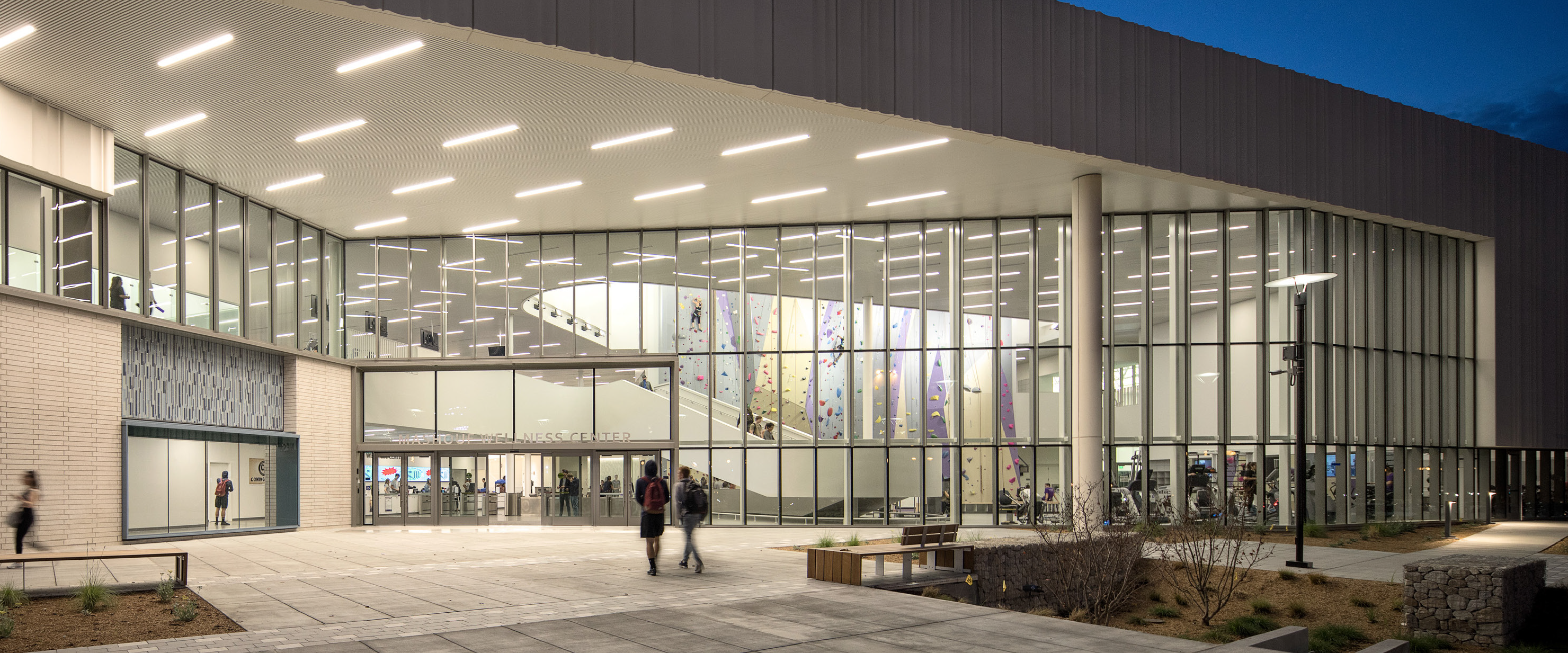 Main entrance of the wellness center in the evening
